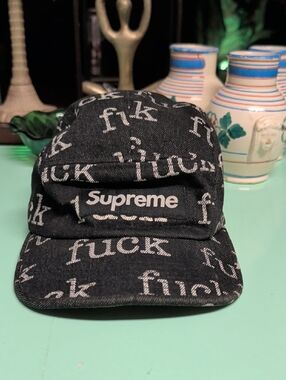 Supreme Black Denim Logo Camp Cap with White All-Over Text